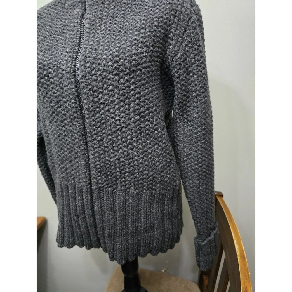 Charcoal Grey Chunky Knit Full Zip Cardigan Sweater High Neck Ribbed Trim S
